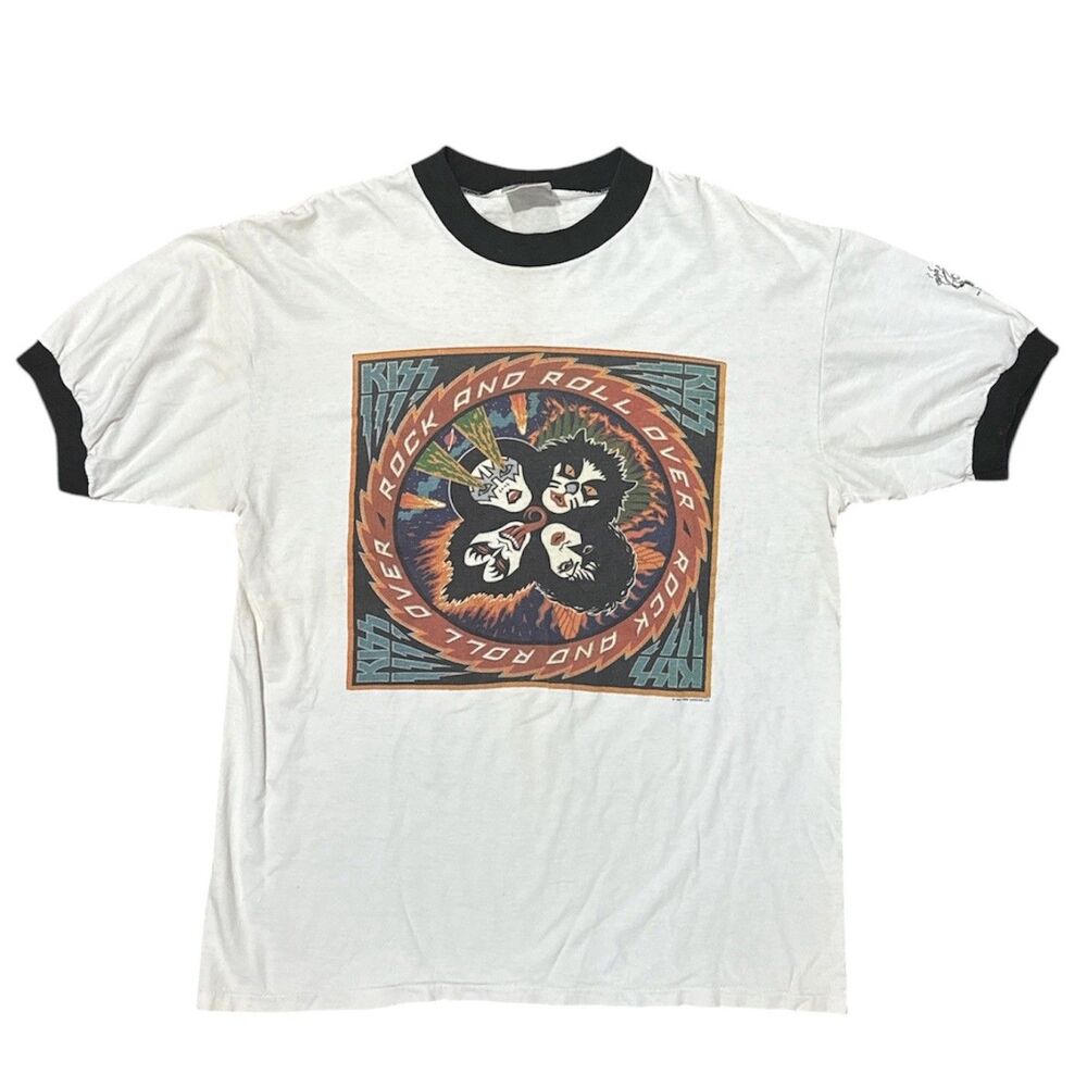 Vintage 90s Kiss Rock and Roll Over Ringer T Shirt Sz L 1994 Album Single Stitch